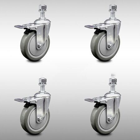 Service Caster 5 Inch SS Gray Polyurethane 12mm Threaded Stem Caster Set Total Lock Brake SCC-SSTSTTL20S514-PPUB-M1215-4